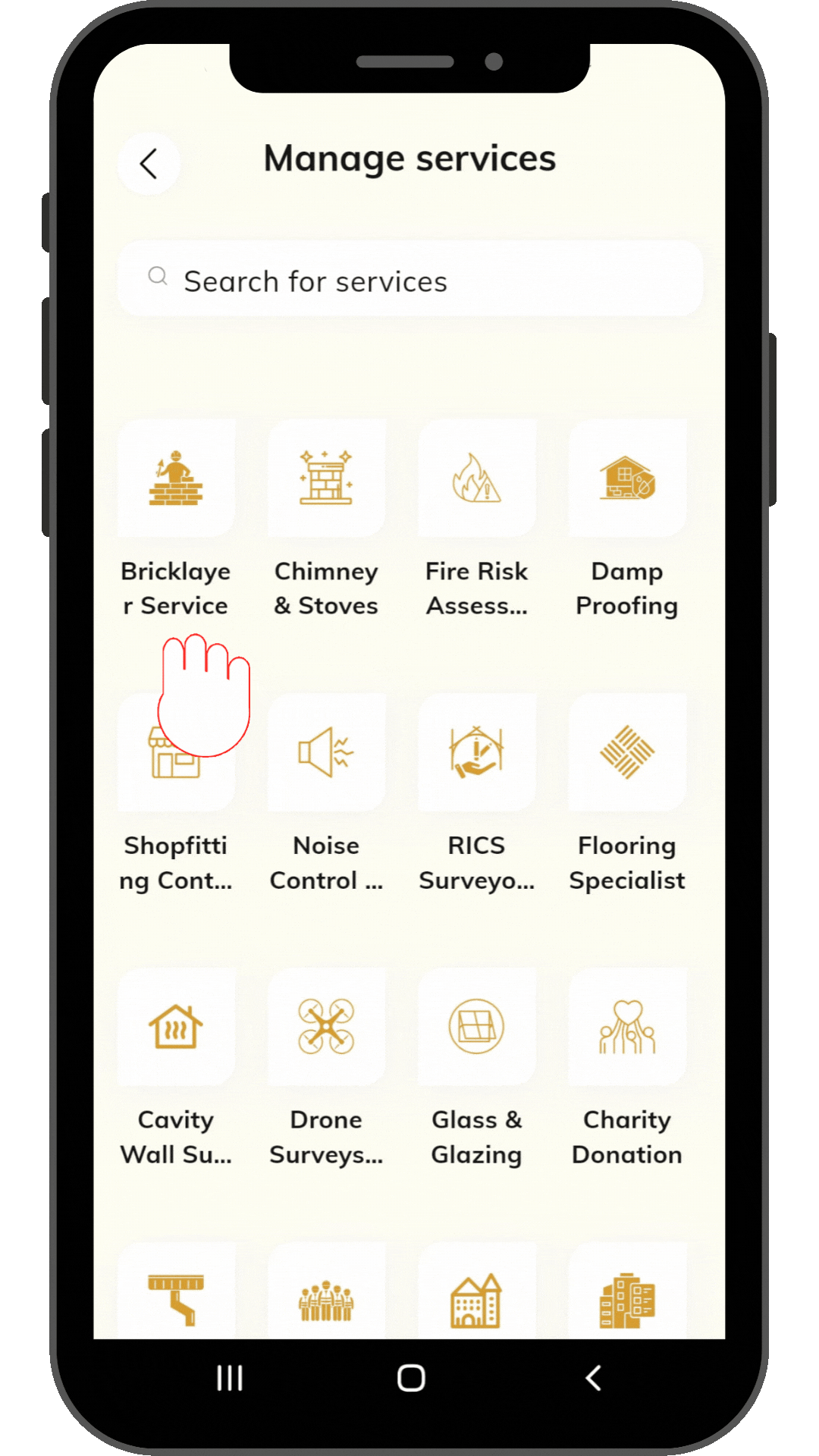 Select service categories in Manage Services screen